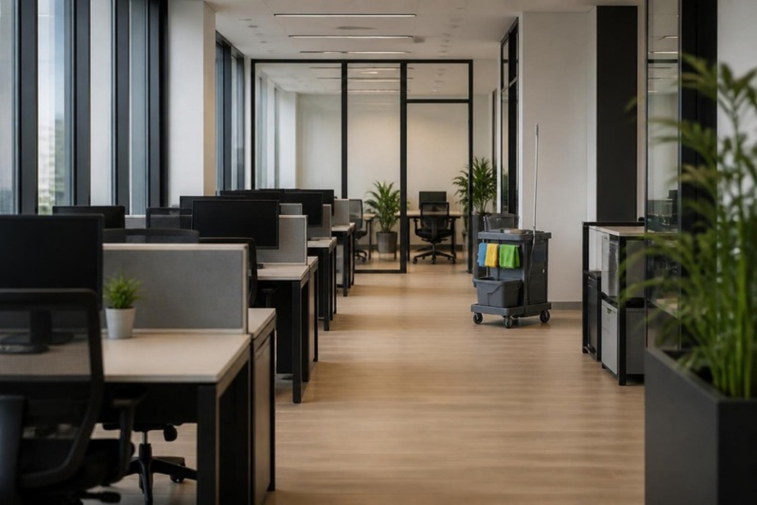 Symbolbild (KI-generiert): aufgeräumtes Büro am Morgen mit Reinigungswagen im Hintergrund