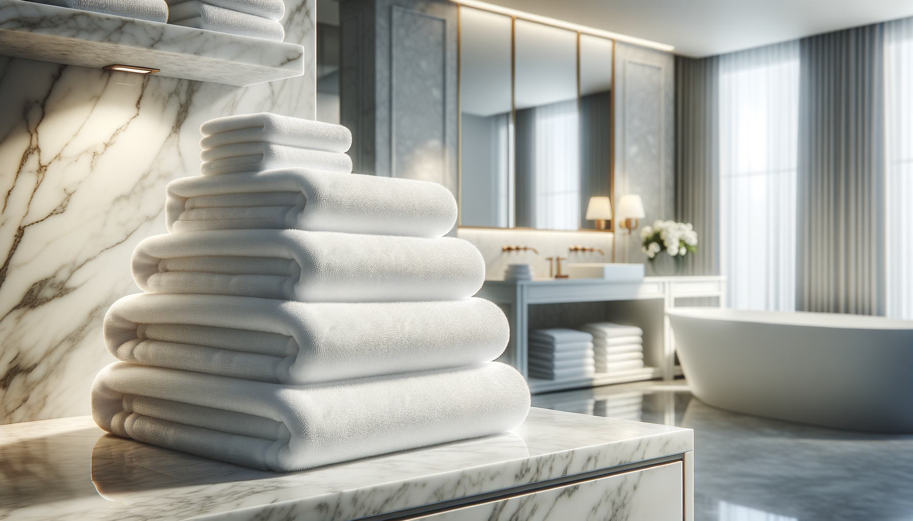 Gestapelte weiße Hotelhandtücher – alphaclean Wäscheservice